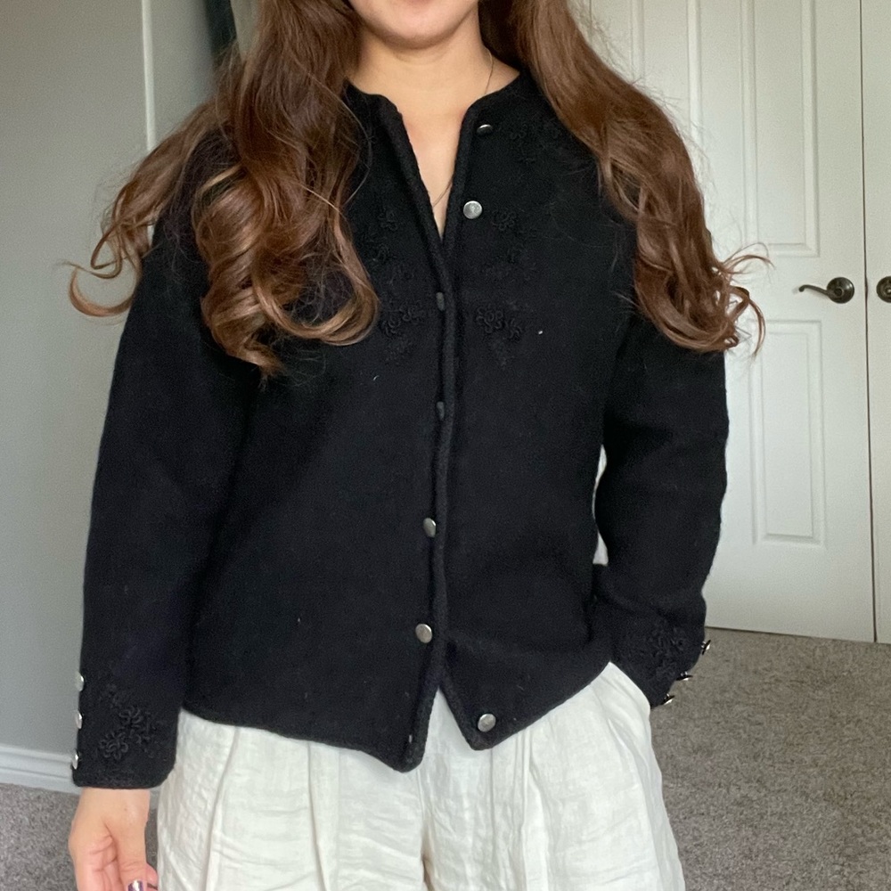 Vintage Women's Black Button-Up Wool Cardigan